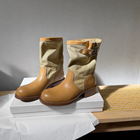 Bottes western rétro pour femmes, patchwork, talon épais, hauteur cachée, mi-mollet, style cavalier