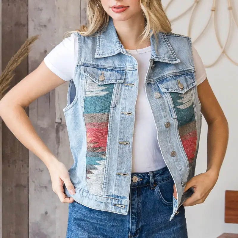 Zomer Westerse Etnische Aztec Print Patchwork Denim Vest Vrouwen Vest Kleding Jas Vrouwen