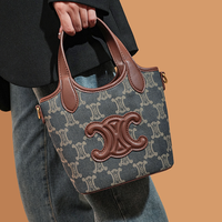 Premium Leder Damen-Wassereimer-Tasche mit Schulterriemen und besticktem Jacquard-Griff