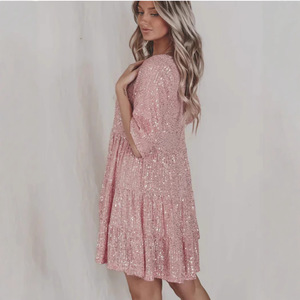 <b>Sequin</b> Dress Short Sleeve Round Neck Ruffled Loose Midi <b>Skirt</b> Cocktail Dress - Product Image 2