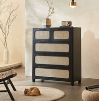 Commode moderne noire en rotin à 5 tiroirs avec façades tressées, meuble de rangement en bois, vente en gros pour chambre et salon