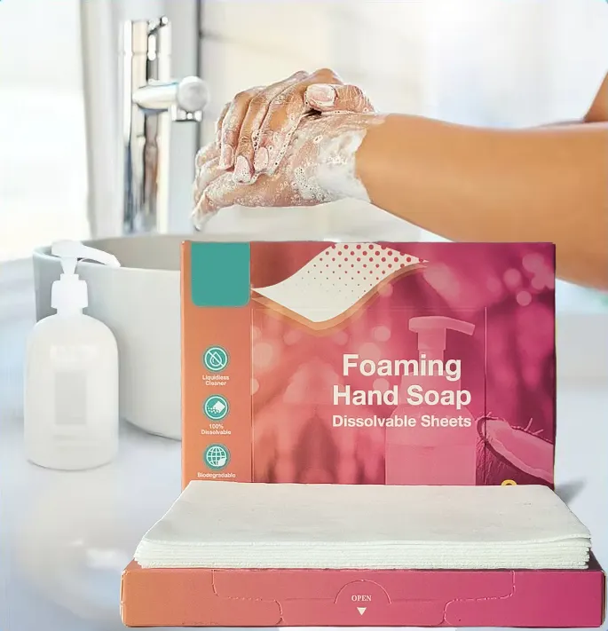 ملاءات تنظيف اليدين سهلة الذوبان صديقة للبيئة خارجية من ورق صابون اليدين ملاءات غسل اليدين