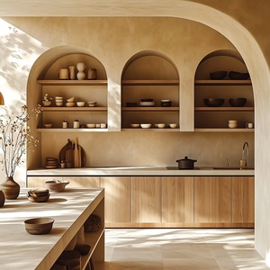 Modern Luxury Wabisabi Modular Eco-Friendly Microcement Kitchen Island Solid Wood Arched Style Kitchen Cabinet Neutral Tone - Product Image 1