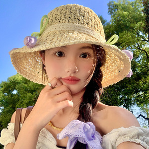 Japanese Style Openwork <b>Straw</b> <b>Hat</b> For Women Light Khaki Off White Large Brim Sunshade Breathable Summer Beach Wear - Product Image 2