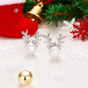 Pendientes de oro blanco E4322 con diseño de asta de ciervo y perlas de imitación para mujer, bonito regalo de joyería de moda - Product Image 2