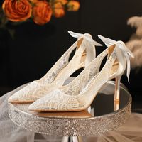 Sepatu Pengantin Wanita Mewah Elegan Ukuran 33-42, Hak Stiletto, Ujung Runcing, Aksen Pita Satin, Berbahan Lace