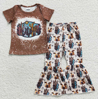 Ensemble 2 pièces pour petites filles Western Cowgirl, imprimé tête de taureau et cactus, manches courtes, pantalon à volants et bas évasé