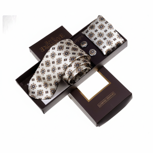 Ensemble cravate géométrique beige Exve Exclusive Milano Collection avec pochette de costume et boutons de manchette – Cravate tendance - Product Image 2