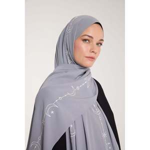 Châle brodé en tissage croissant, gris, en mousseline, respirant, pour femme, foulard islamique - Product Image 3