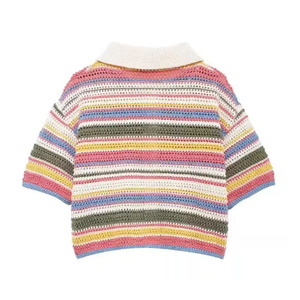 Cardigan Corto da <span class=keywords><strong>Donna</strong></span> alla Moda a Righe Lavorato all'Uncinetto con Colletto <span class=keywords><strong>Polo</strong></span> e Bottoni Manica Corta - Product Image 2