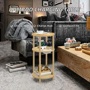 Modern 3-Tier Round Wooden Side <b>Table</b> with Charging Station Smart Nightstand for Bedroom - Product Image 2