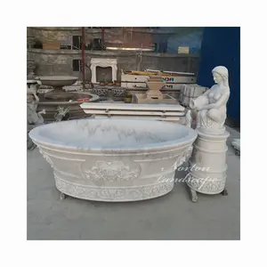 Personalizado alta calidad tallada a mano libre de pie bañera baño de mármol blanco bañera con estatua de mujer