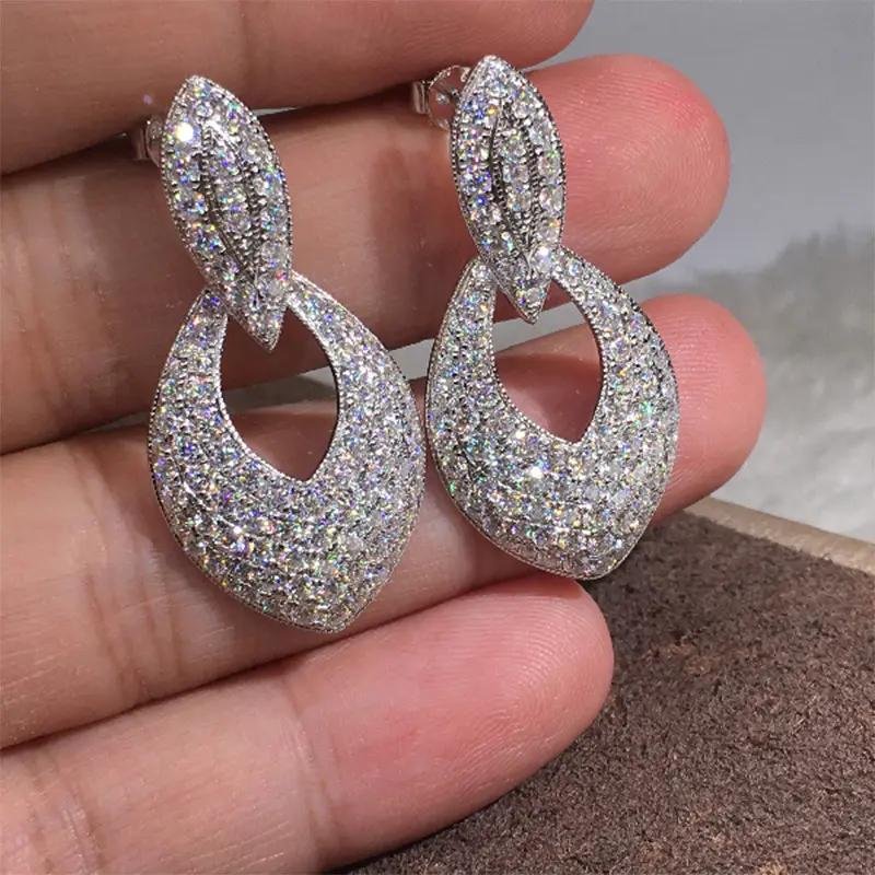 Luxury Statement Drop Earrings Cubic Zirconia Diamond White Gold Plated Wedding Earring For Women