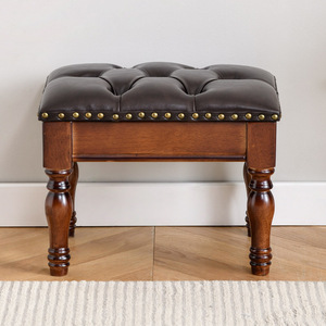 American Style Genuine Leather <b>Stool</b> Solid Wood Coffee <b>Table</b> <b>Stool</b> Home Footstool Low Square Ottoman 400x300x300mm - Product Image 2