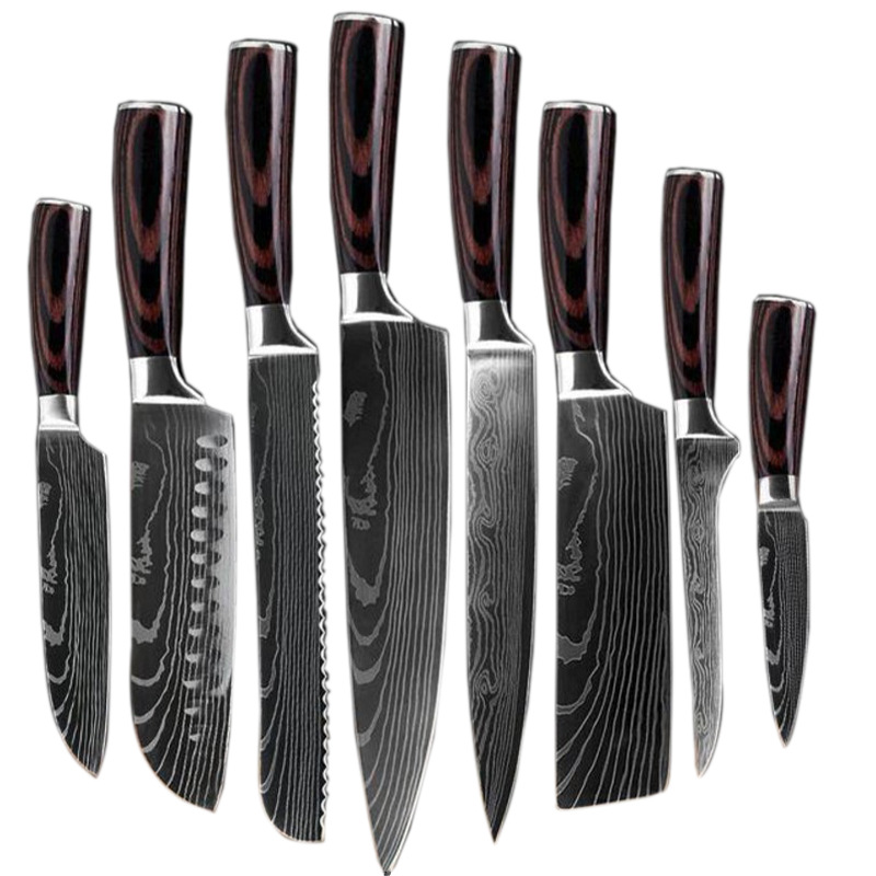 Top Rated Gift Custom Logo Ergonomic Wood Handle 8pcs Kitchen Chef Knives Super Stainless Steel Damascus Knife Set