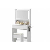 Coiffeuse blanche avec miroir LED éclairé, tiroirs de rangement, tabouret rembourré et support pour sèche-cheveux