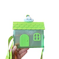 Bouteille d'eau en plastique durable avec design de maison 3D, 14 oz, pour enfants, avec paille et sangle, pour l'école et les voyages