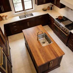 Cuisine de luxe Balom 2025 en bois massif avec armoires en acajou foncé, îlot de cuisine intégré avec plafond en bois, évier et poignées en métal doré - Product Image 6