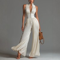 Combinaison longue blanche sans manches pour femme, taille haute, jambes larges, design tendance, faible MOQ, idéale pour l'été