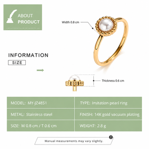 Bague en acier inoxydable avec imitation de perles, bord perlé, bande fine, options de couleur or et argent, finition plaquée or 14 carats - Product Image 4