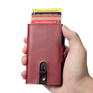 Casekey 사용자 정의 로고 RFID 차단 금속 카드 홀더 럭셔리 오일 왁스 정품 가죽 팝업 스마트 지갑 동전 포켓 지갑