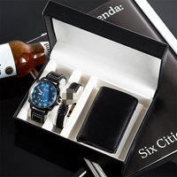 Fashion jam tangan kulit pria, Set hadiah mewah, dompet kulit, jam tangan Quartz, Set gelang