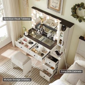 Beyaz ışıklar ayna çekmeceleri şarj istasyonu ile büyük Modern Vanity masa Vanity makyaj masası - Product Image 6
