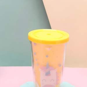 450ml Multicolor Unicorn Themed Plastic Straw Tumbler with <b>Decorative</b> Pom Pom Dome <b>Lid</b> with Straw Dome <b>Lid</b> for Kids Summer Cold - Product Image 4