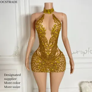 Ocstrade Vestidos Sleeveless Open Back Women Rhinestone Dress Birthday Outfit Robe Femme Sexy Gold Women Night Club Dresses