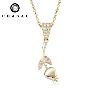 Women jewelry 14K Solid Yellow Gold Pave setting cubic zirconia CZ Rose Flower Pendant Necklace with 925 Silver chain