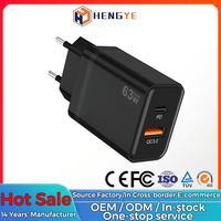 Chargeur mural pour téléphones mobiles certifié sûr, 63W, prise EU/UK, PDQC3.0, double port, haute sécurité, USB-C, USB-A, charge rapide