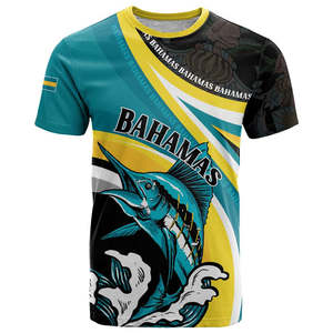 T-shirt da uomo personalizzate all'ingrosso con stampa su richiesta della bandiera nazionale delle Bahamas, modello Bahamas, in poliestere, girocollo - Product Image 2