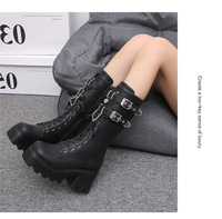 Bottes mi-mollet noires à plateforme IStapromo Gifts, à lacets, avec fermeture éclair latérale et boucle chaîne, bottes de combat pour femme en PU, pour l'automne/le printemps
