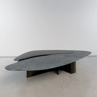 Table basse en marbre en forme d'aile, deux pièces, surface de forme libre, piédestal en métal foncé, décoration haut de gamme pour la maison