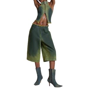 Top da donna alla moda con fibbia in stile Y2K da donna con chiusura a Zip in <span class=keywords><strong>Denim</strong></span> con orlo sfilacciato grezzo - Product Image 4