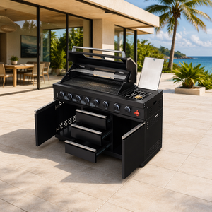 Station de cuisson extérieure US Standard Villa BBQ <span class=keywords><strong>Grill</strong></span> Cabinet avec 8 brûleurs à gaz infrarouges, <span class=keywords><strong>wok</strong></span> latéral et 8 boutons LED multicolores - Product Image 5