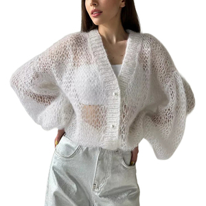 Suéter de <span class=keywords><strong>Mujer</strong></span> de Punto de Malla <span class=keywords><strong>Transparente</strong></span> Delgada Informal a la Moda, Suéter de <span class=keywords><strong>Mujer</strong></span> Personalizado con Cuello en V, de Un Solo Pecho y Hombros Caídos - Product Image 1