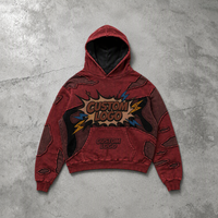 Sweat à capuche personnalisé pour homme, rouge brique, délavé à l'acide, avec imprimé graphique d'explosion de bande dessinée et de foudre, OEM ODM