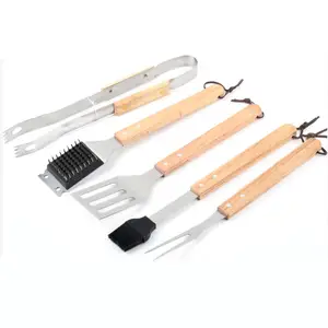 5 pièces accessoires de Barbecue En Acier Inoxydable Barbecue Outils de Barbecue avec manche long en bois