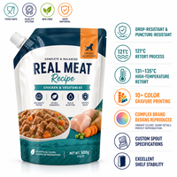 Sac d'emballage pour aliments humides pour animaux de compagnie, impression en gravure OEM personnalisée, sans BPA, 121 ° Sachet Doypack stérilisable pour aliments pour animaux de compagnie avec bec verseur