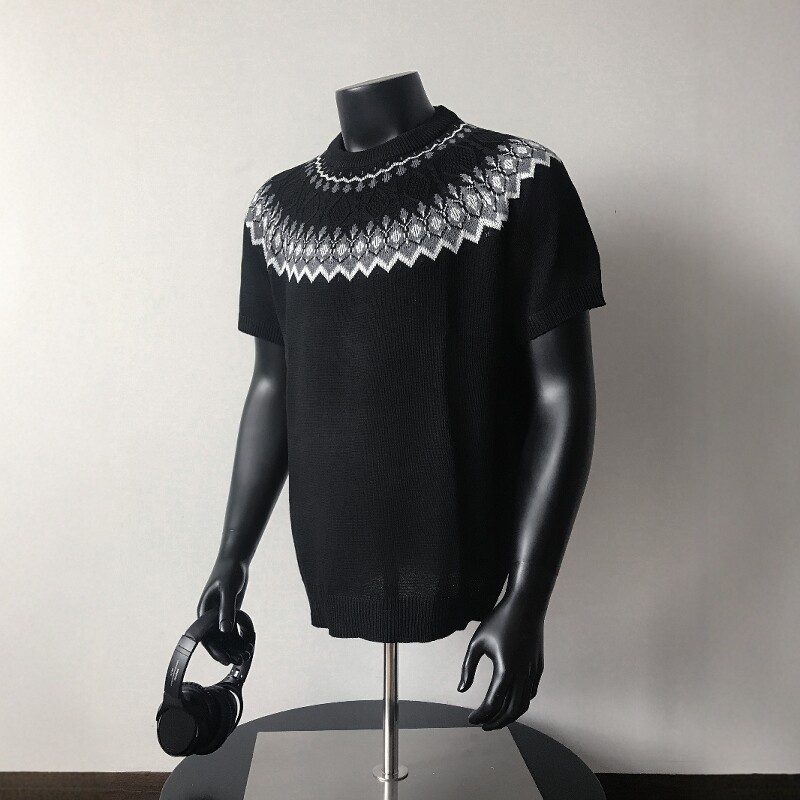 Custom LOGO Men Knitted T-shirt Fair Isle Pullover Short Sleeved O Neck Loose Men's Summer Jacquard Tee Top Knitwear Jersey Men