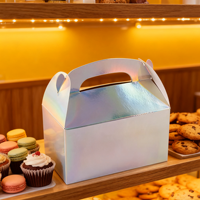 Boîte à poignée de gâteau recyclable Dessert Macaron pliable à emporter emballage de pignon brillant cadeau en gros boîte de papier laser personnalisée