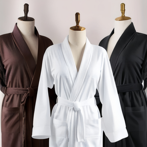 Accappatoio Unisex con collo a scialle in cotone a maniche lunghe con Logo personalizzato Hotel Waffle accappatoio <span class=keywords><strong>Kimono</strong></span> Spa per donne e uomini - Product Image 4