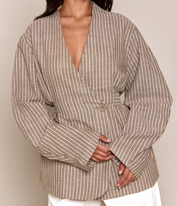 OEM Custom Striped <b>Linen</b> Blend Wrap Blazer V Neck Long Sleeve Loose Fit Casual 2 Piece Set Spring Summer Breathable Comfortable - Product Image 3