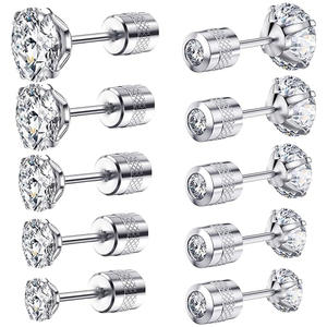 Pendientes de circonita cúbica, 5 pares, con engaste de garra redonda y cierre de rosca, unisex, para uso diario - Product Image 1