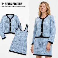 Ensemble tricoté 2 pièces pour femme : Cardigan et mini-robe color block ajouré à manches longues bleu automne