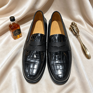Mocassins noirs pour hommes, chaussures à enfiler en cuir gaufré façon croco avec semelle plateforme, chaussures à enfiler légères à plateforme pour le bureau au quotidien - Product Image 3