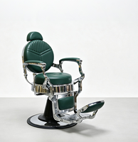 Fauteuils de barbier en cuir vert foncé, style rétro, luxe, avec cadre chromé poli, fauteuil de barbier hydraulique pour hommes