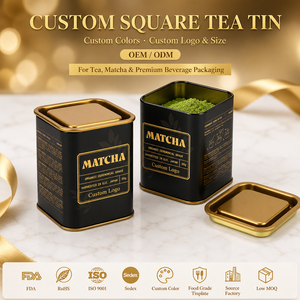 Caja de Metal Cuadrada Personalizada al por Mayor para Té Matcha, <span class=keywords><strong>Lata</strong></span> de Almacenamiento de Hojalata <span class=keywords><strong>Negra</strong></span> y Dorada de Grado Alimenticio 30g OEM - Product Image 1