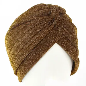 BESTELLA personalizado señora Color sólido Yoga sombrero al por mayor musulmán cabeza bufanda envoltura turbante estilo indio turbante oro Lurex sombrero